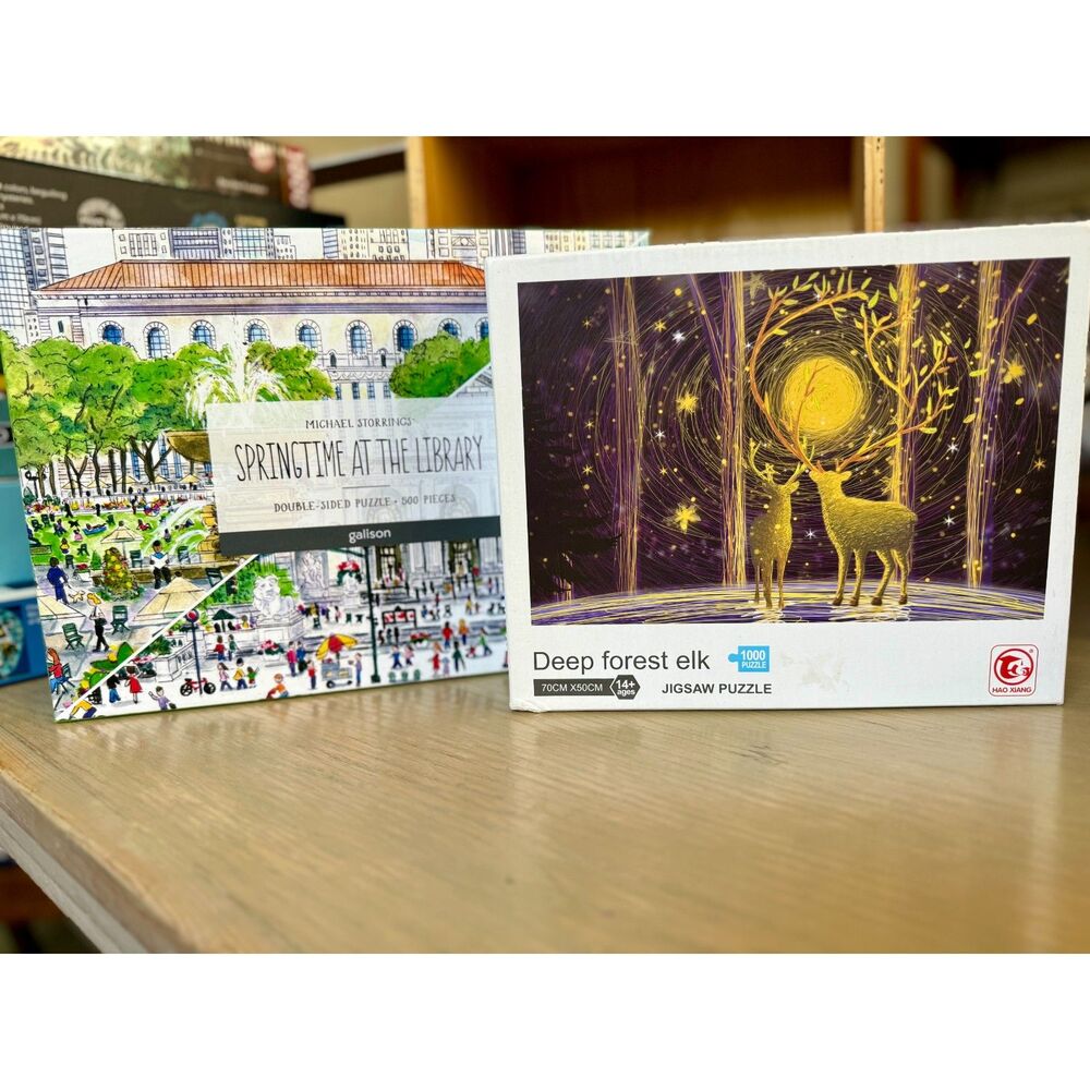 EUC Puzzle Bndle Deep Forest Elk 1000  & Springtime at the Library 500 DBL Sided